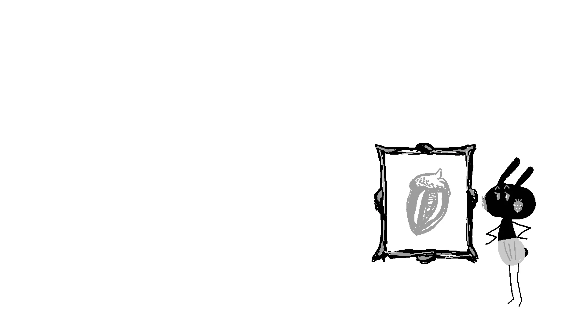 くろうさが、額縁に入ったどんぐりの絵を眺めている秋のイラスト